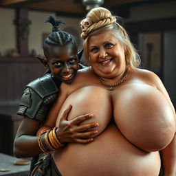 In a medieval brothel, a young, very short, malnourished 20-year-old African woman with deeply dark skin, yellowish-red eyes, and a fierce expression wears a fully closed Viking warrior armor