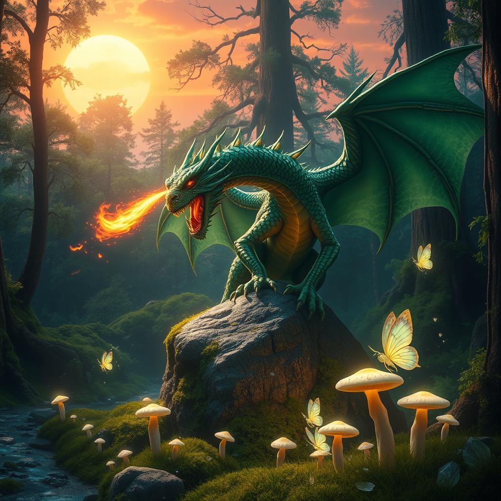A dramatic scene featuring a fierce dragon in a mystical forest, with vibrant green foliage and breathtakingly tall ancient trees