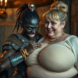 In a medieval brothel, a young, very short, malnourished 20-year-old African woman with deep black skin and yellowish-red eyes is clad in a fully enclosed Viking warrior armor, exhibiting intense anger