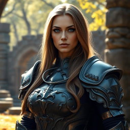 A busty woman knight inquisitor with deep blue eyes and a very big bust