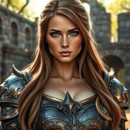 A busty woman knight inquisitor with deep blue eyes and a very big bust