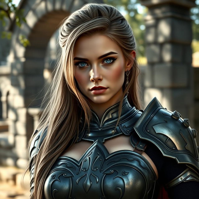 A busty woman knight inquisitor with deep blue eyes and a very big bust