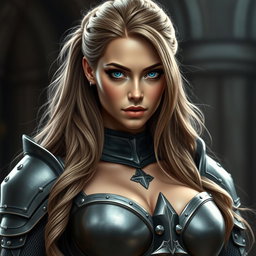 A busty woman knight inquisitor with deep blue eyes, showcasing a very big bust and long light brown hair styled elegantly