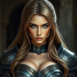 A busty woman knight inquisitor with deep blue eyes, showcasing a very big bust and long light brown hair styled elegantly