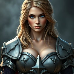 A busty woman knight inquisitor with deep blue eyes, showcasing a very big bust and long light brown hair styled elegantly