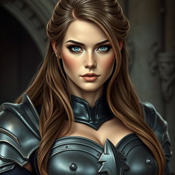 A busty woman knight inquisitor with deep blue eyes, showcasing a very big bust and long light brown hair styled elegantly