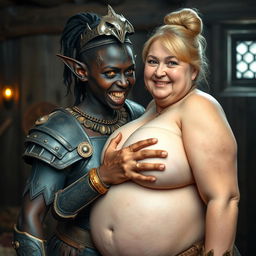 In a medieval brothel, a very short, malnourished 20-year-old African woman with deep black skin and yellowish-red eyes stands in full Viking warrior armor, exuding intense anger