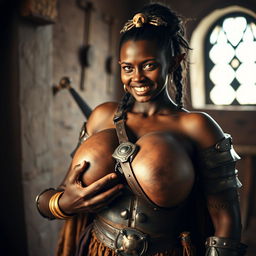 In a medieval brothel, a young, very short, malnourished 20-year-old African woman with deep black skin and yellowish-red eyes stands in complete Viking warrior armor, radiating anger