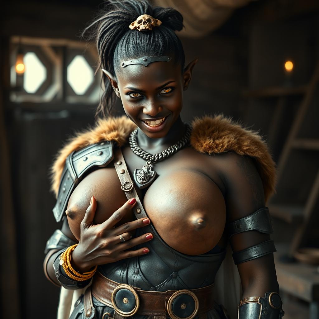 In a medieval brothel, a young, very short, malnourished 20-year-old African woman with deep black skin and yellowish-red eyes stands in complete Viking warrior armor, radiating anger
