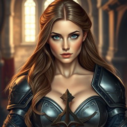 A busty woman knight inquisitor with deep blue eyes and an impressive figure, showcasing a very big bust