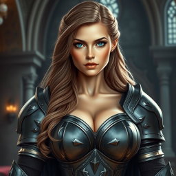 A busty woman knight inquisitor with deep blue eyes and an impressive figure, showcasing a very big bust
