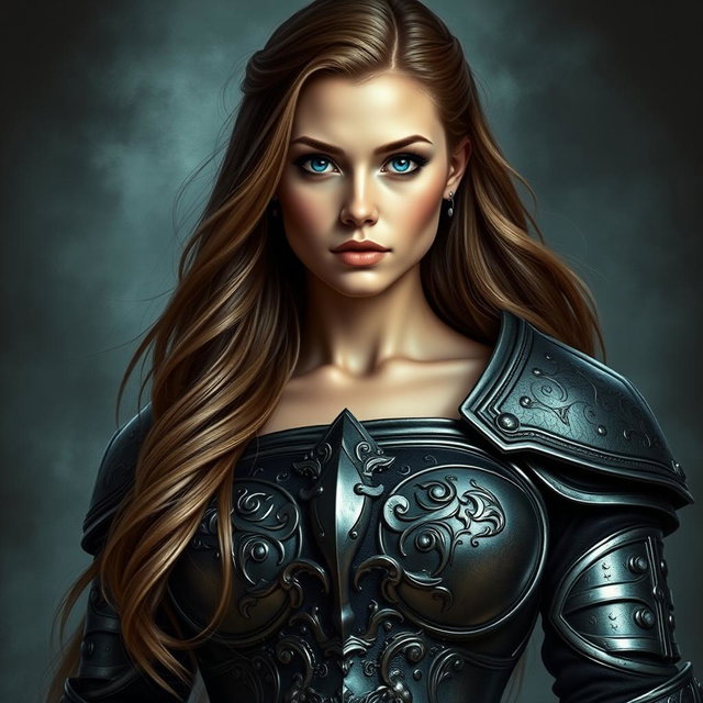 A busty woman knight inquisitor standing confidently, featuring striking deep blue eyes and an impressive, very big bust