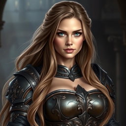 A busty woman knight inquisitor standing confidently, featuring striking deep blue eyes and an impressive, very big bust