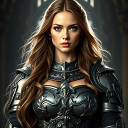 A busty woman knight inquisitor standing confidently, featuring striking deep blue eyes and an impressive, very big bust