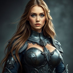 A busty woman knight inquisitor standing confidently, featuring striking deep blue eyes and an impressive, very big bust