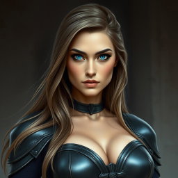 A busty woman knight inquisitor with deep blue eyes and a very big bust
