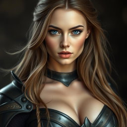 A busty woman knight inquisitor with deep blue eyes and a very big bust