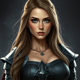 A busty woman knight inquisitor with deep blue eyes and a very big bust