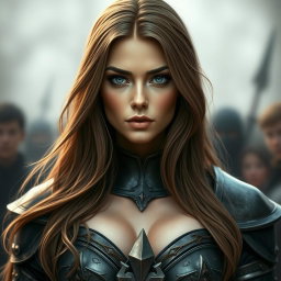 A busty woman knight inquisitor with deep blue eyes and a very big bust