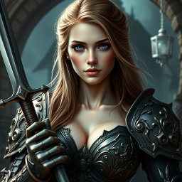 A busty woman knight inquisitor with deep blue eyes and a very big bust, featuring long light brown hair