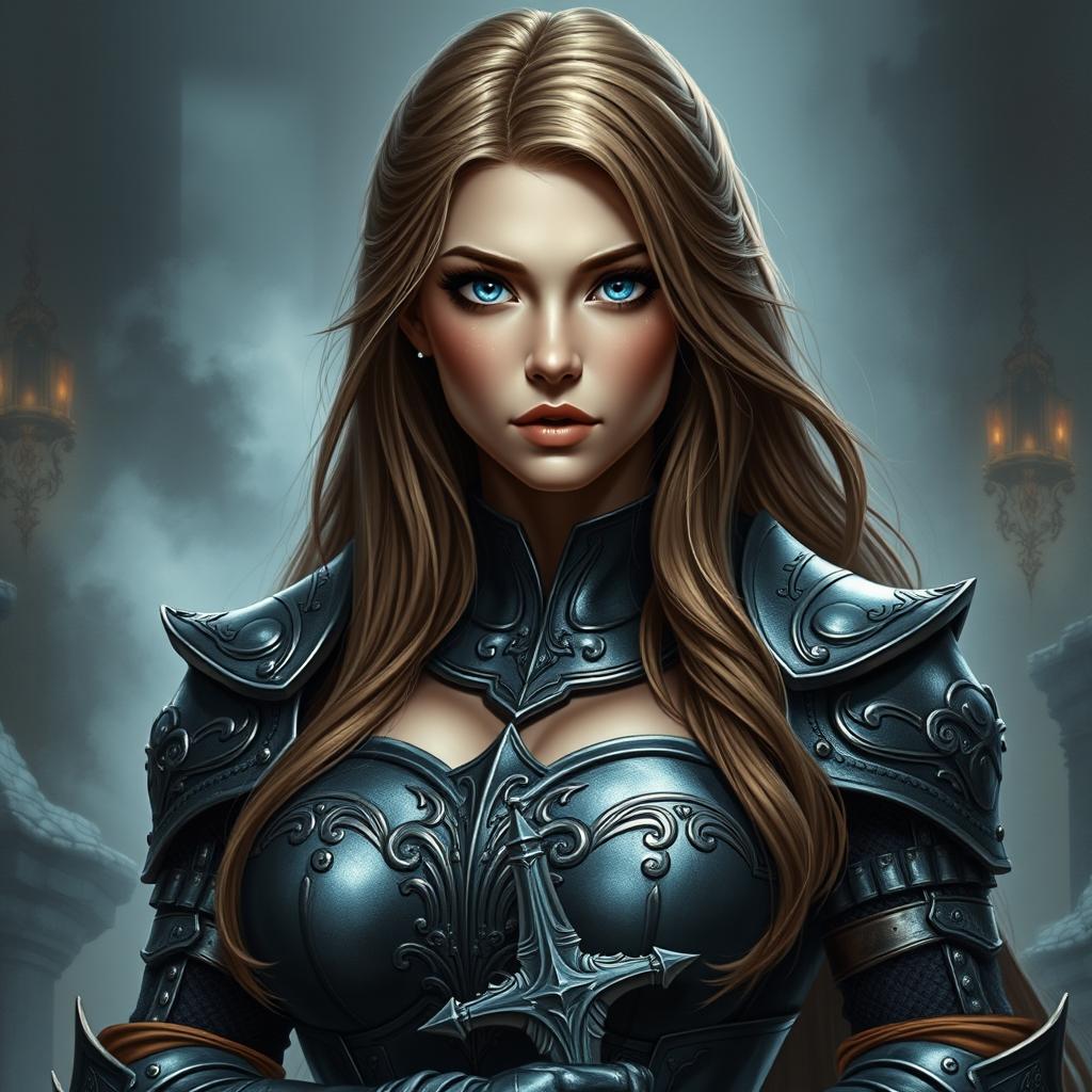 A busty woman knight inquisitor with deep blue eyes and a very big bust, featuring long light brown hair