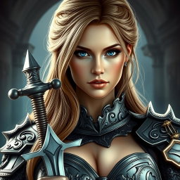 A busty woman knight inquisitor with deep blue eyes and a very big bust, featuring long light brown hair
