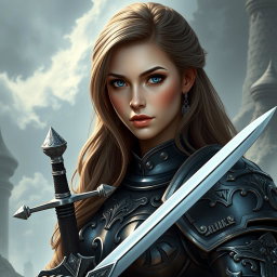 A busty woman knight inquisitor with deep blue eyes and a very big bust, featuring long light brown hair