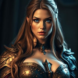 A busty woman inquisitor with deep blue eyes and a very big bust, featuring long light brown hair