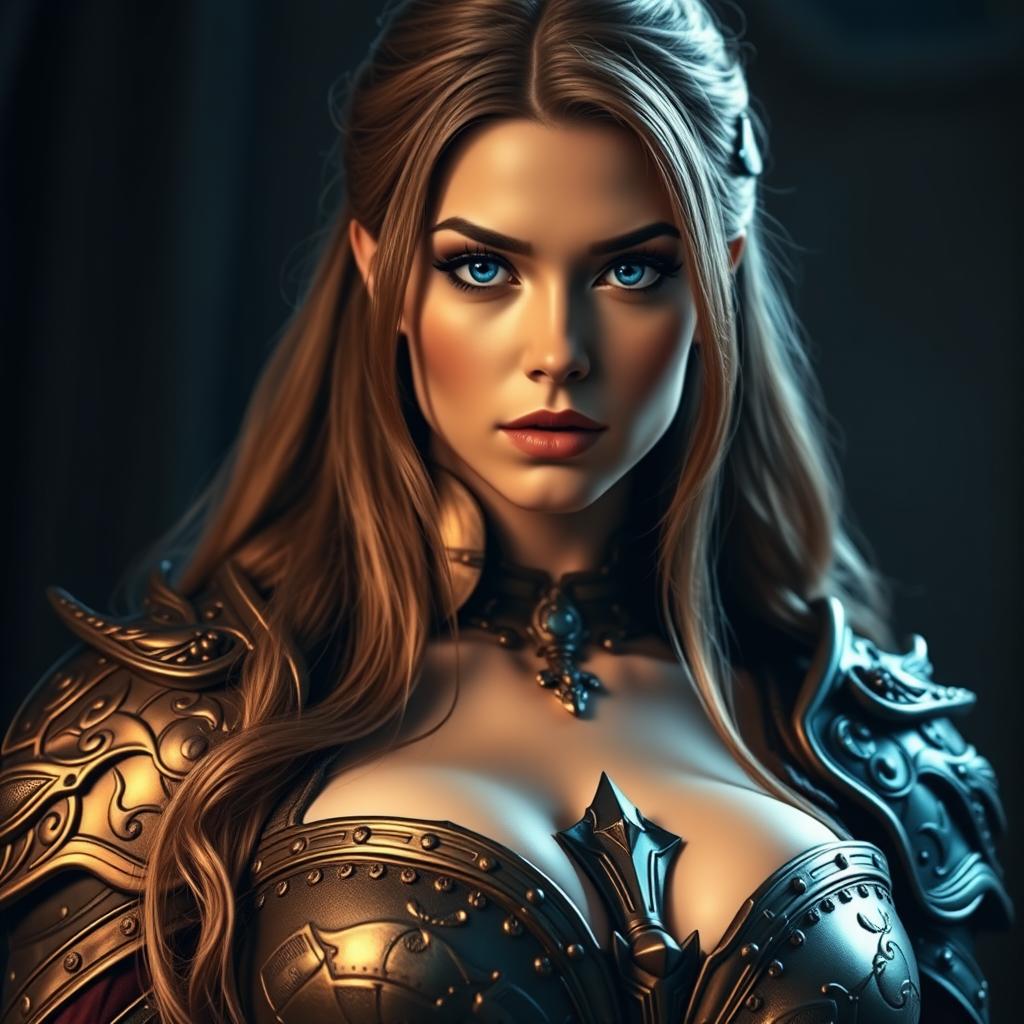 A busty woman inquisitor with deep blue eyes and a very big bust, featuring long light brown hair