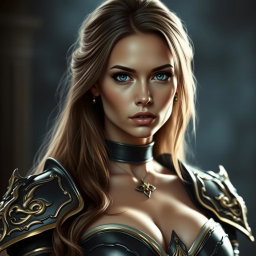 A busty woman inquisitor with deep blue eyes and a very big bust, featuring long light brown hair
