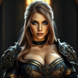 A busty woman inquisitor with deep blue eyes and a very big bust, featuring long light brown hair