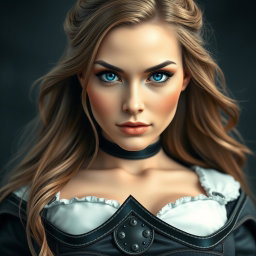 A busty woman dressed as an inquisitor, featuring deep blue eyes and a very big bust