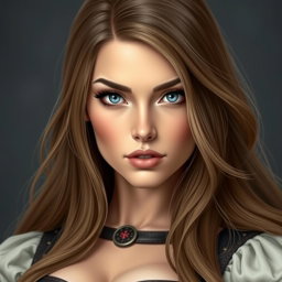 A busty woman dressed as an inquisitor, featuring deep blue eyes and a very big bust