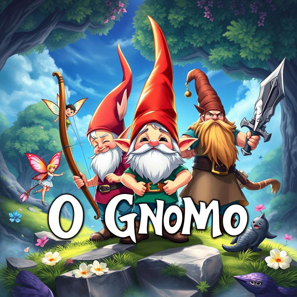 A captivating anime book cover for the book titled "O Gnomo"