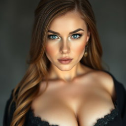 A voluptuous woman portrayed as an inquisitor, featuring deep blue eyes and a very large bust