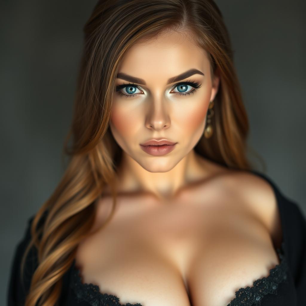 A voluptuous woman portrayed as an inquisitor, featuring deep blue eyes and a very large bust