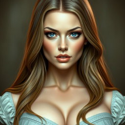 A voluptuous woman portrayed as an inquisitor, featuring deep blue eyes and a very large bust