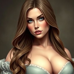 A voluptuous woman portrayed as an inquisitor, featuring deep blue eyes and a very large bust