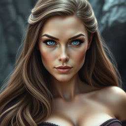 A busty woman in the role of an inquisitor, with striking deep blue eyes and a very big bust
