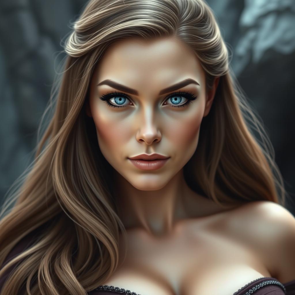 A busty woman in the role of an inquisitor, with striking deep blue eyes and a very big bust