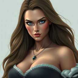 A busty woman in the role of an inquisitor, with striking deep blue eyes and a very big bust