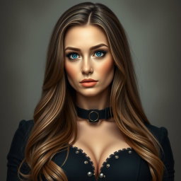 A busty woman in the role of an inquisitor, with striking deep blue eyes and a very big bust