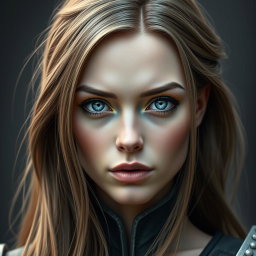 A busty inquisitor woman with deep blue eyes, a very big bust, and long light brown hair