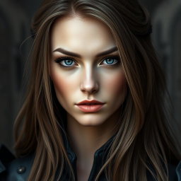 A busty inquisitor woman with deep blue eyes, a very big bust, and long light brown hair