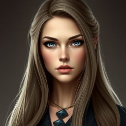 A busty inquisitor woman with deep blue eyes, a very big bust, and long light brown hair