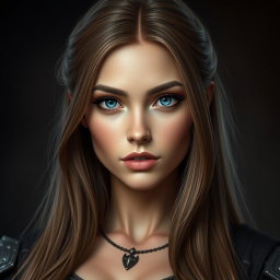 A busty inquisitor woman with deep blue eyes, a very big bust, and long light brown hair