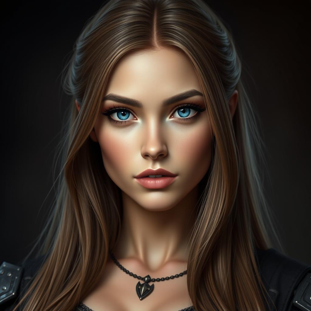 A busty inquisitor woman with deep blue eyes, a very big bust, and long light brown hair