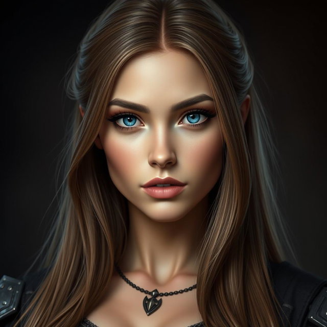A busty inquisitor woman with deep blue eyes, a very big bust, and long light brown hair