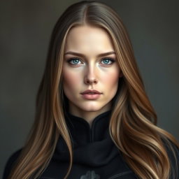 A stunning busty woman from an Inquisition order, featuring deep blue eyes and a very big bust