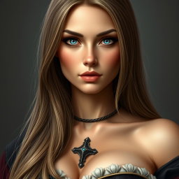 A stunning busty woman from an Inquisition order, featuring deep blue eyes and a very big bust